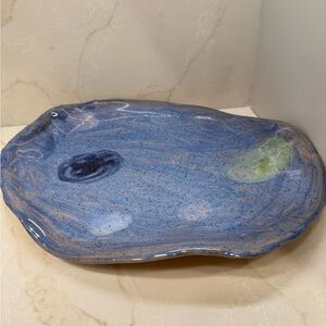 Handmade Blue Ceramic Platter with Subtle Green Accent
